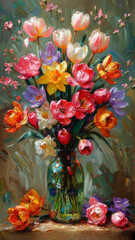Fototapeta na wymiar Beautiful spring flowers in vase oil painting