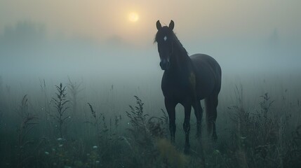 horse in fog, Horse, Equine, Mane, Tail, Gallop, Trot, Canter, Hooves, Bridle, Saddle, Rider, Equestrian, Stallion, Mare, Foal, Mustang, Paddock, Pasture, Grazing, Neigh, Whinny, Horseback riding - obrazy, fototapety, plakaty