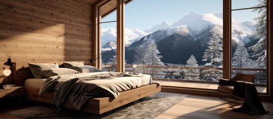 A bedroom in a wooden house is showcased, featuring a large window with a stunning view of the mountains in the background. The cozy room is minimally furnished with a bed, bedside table, and a chair.