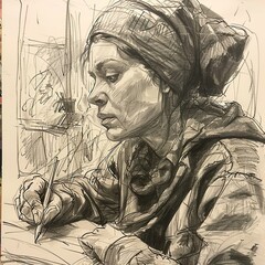 drawn woman who is drawing, Woman, Painting, Artist, Canvas, Brushstrokes, Colors, drawing, Artistic, draw, Inspiration, Palette, Easel, Studio, Painter, Imaginative, Talented, Oil painting