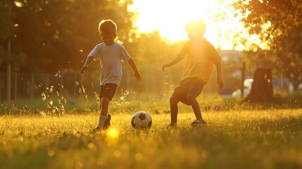 children are playing soccer in evening sun, Playing, Soccer, Team sport, Goal, Pitch, Ball, Match, Players, Passing, Shooting, Goalkeeper, Striker, Midfielder, Defender, Forward - obrazy, fototapety, plakaty