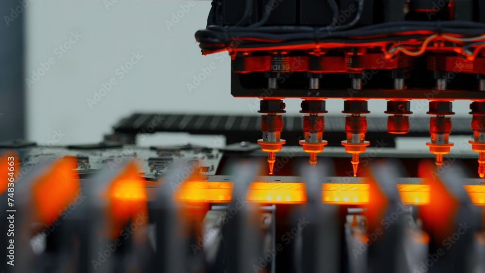 Poster needles on automatic equipment diagnose and test chips and processors. creative. modern robotic mach