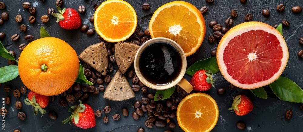 Poster a table is covered with an array of sliced oranges and a variety of other fresh fruits, creating a v