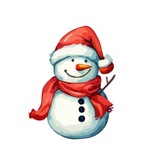 Snowman with a scarf, gloves and hat isolated in a white background in cartoon watercolor style. Flat design. Vector illustration.