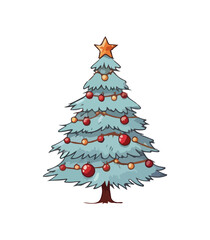 Vector illustration of decorated Christmas tree in snow on white background. Green fluffy xmas pine, isolated on white background. Cute Christmas tree in cartoon watercolor style.