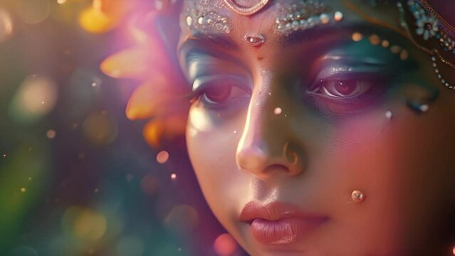 Close up moving portrait of Krishna, the Hindu deity adorned with jewelry and paint