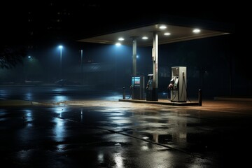Gas station at night with bright lights reflecting on wet pavement and a foggy atmosphere creating a moody and mysterious scene perfect for a film noir or mystery novel cover