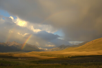 Obraz premium A majestic mountain landscape under a glowing sky, with a double rainbow adding magic to the golden hour's serene beauty.