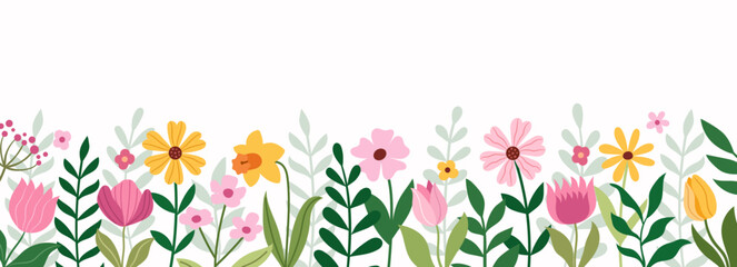 Vector horizontal banner with spring flowers.