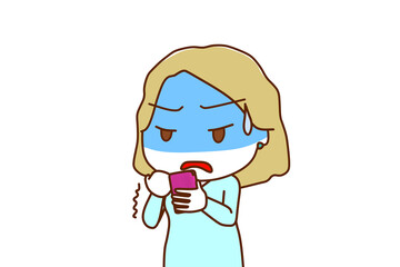 （上半身斜め）スマホを持って画面を見ながら真っ青になって怒りにプルプル震える白人女性