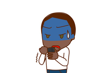 （上半身斜め）スマホを持って画面を見ながら真っ青になって怒りにプルプル震えるアフリカ系男性