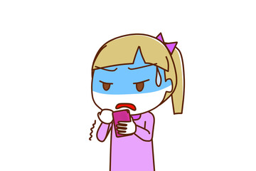 （上半身斜め）スマホを持って画面を見ながら真っ青になって怒りにプルプル震える白人少女