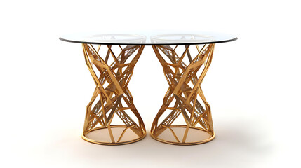Obraz na płótnie Canvas a modern, elegant table with a transparent glass top and a golden base featuring an intricate, geometric design