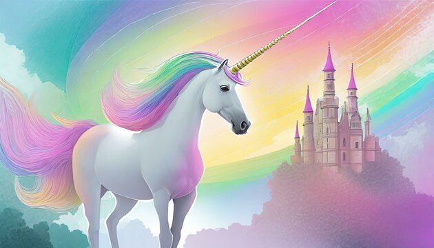 Licorne et d&eacute;cor arc-en-ciel, univers color&eacute; aux couleurs de princesses, with a castle. 