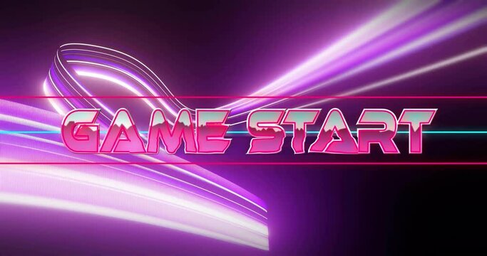 Animation of game start text over neon pattern background