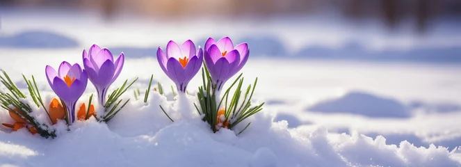 Zelfklevend Fotobehang First bud flower. Winter day nature. Plant garden background. Early spring crocus. March snow melt. new green grass growth. beauty light floral leaf close up macro. cold white frost ice. april bloom. © raisondtre