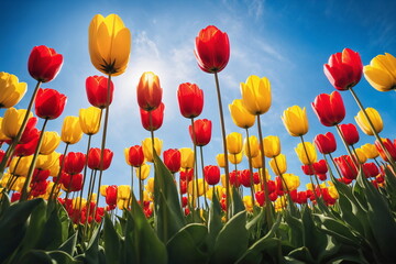 May floral bloom. Spring season background. Sunny flower field. Nature color. Tulip garden landscape. Fresh plant bulb grow. April leaf close up Bright sun blue sky. Green grass beauty. Light day park