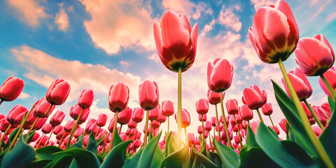 Nature color. May floral bloom. Tulip garden landscape. Spring season background. Sunny flower field. Bright sun blue sky. Green grass beauty. April leaf close up Light day park Fresh plant bulb grow.