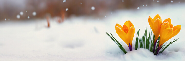 Winter day nature. Plant garden background. First bud flower. March snow melt. Early spring crocus....