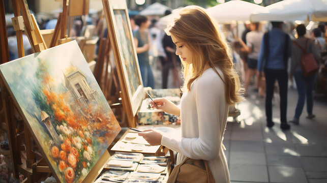 Beautiful young woman at the artist square, examining paintings.