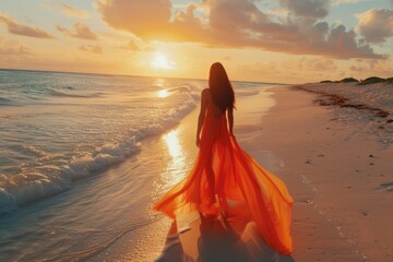 Romantic couple enjoys sunset beach on tropical honeymoon vacation.
