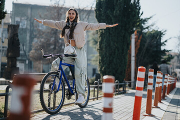 A woman with a wide smile is playfully balancing on a bicycle in a sunny urban park, exuding...