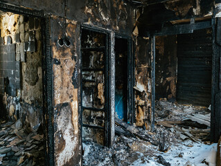 Burned room interior in apartment house. Consequences of fire concept