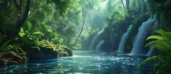 A painting depicting a powerful waterfall cascading down rocks into a river in the lush jungle environment. The water flows energetically, surrounded by vibrant green foliage and towering trees. - Powered by Adobe