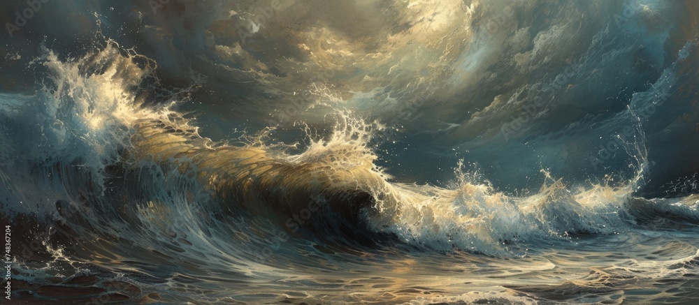 Poster a large wave in the pacific ocean is seen curling and crashing with immense power, creating a mesmer