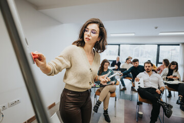 Confident female educator leading a business workshop in a modern classroom.