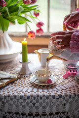 Beautiful still life with pink tulips. Spring naturmort with beautiful pink tulips.