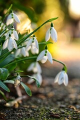 Beautiful and gentle snowdrops, first signs of sprint in Victoria, Vancouver Island, British...