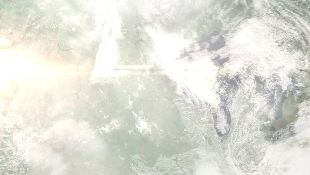 Earth zoom in from space and focus on Champlin, Minnesota, USA. 3D Animation. Satellite view. Background for travel intro. Images from NASA