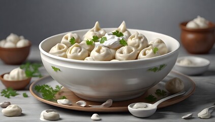 a plate with pelmeni and sour cream in a bowl on the side, best quality, cloudy gray background, digital HD art, highly detailed, concept art, ultra realistic digital illustration