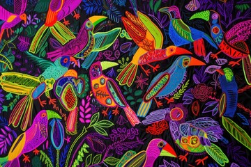 Molas from Panama Kuna Islands Bright Colorful Birds - obrazy, fototapety, plakaty