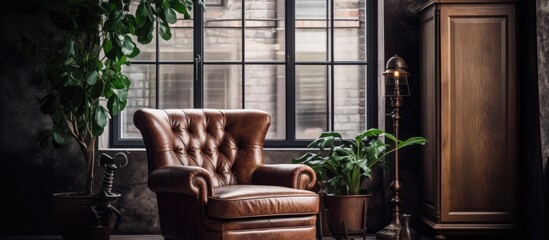 A brown leather chair sits elegantly in front of a window in a studio. The chair exudes a sense of sophistication and comfort, bathed in natural light from the window.