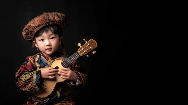 a studio portrait picture of little asian boy dressed up as a musician isolated on black background