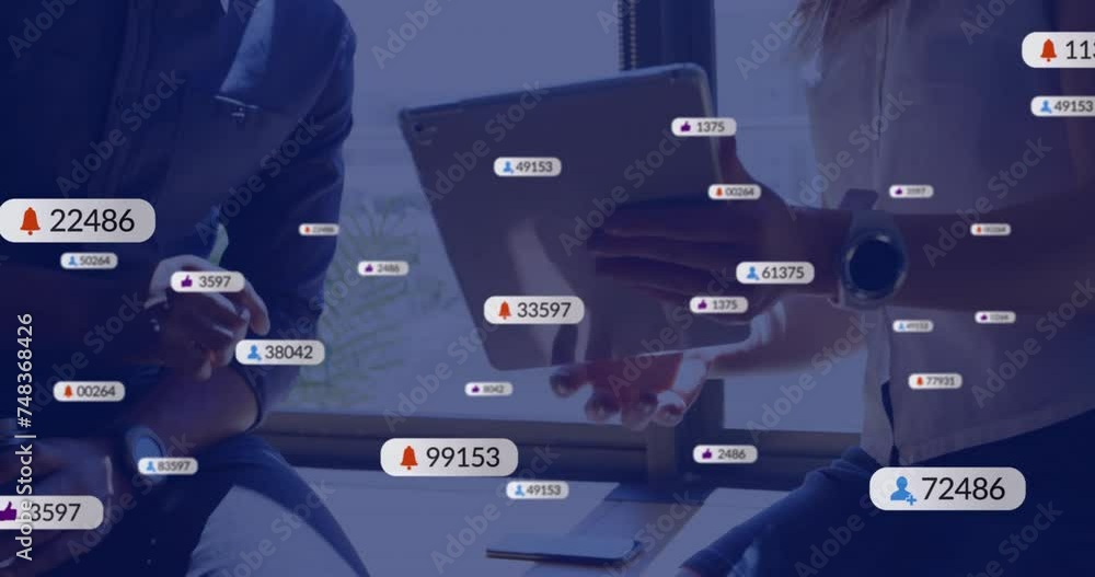 Poster animation of icons and data processing over diverse business people using tablet