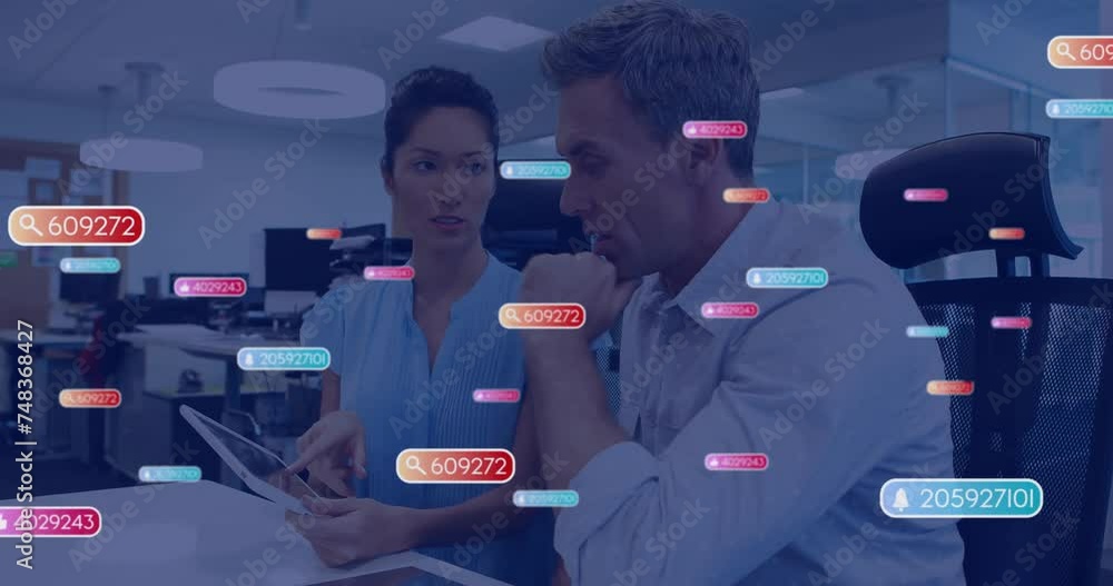 Poster animation of icons and data processing over diverse business people using tablet