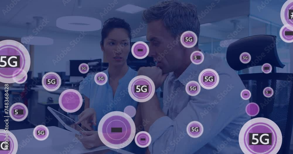 Poster animation of 5g text and data processing over diverse business people using tablet
