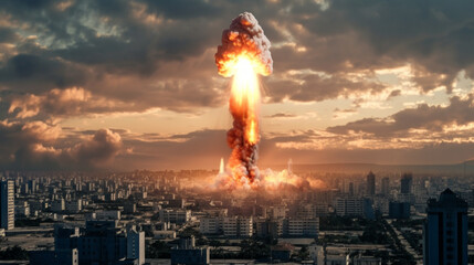 Dramatic Urban Explosion with Mushroom Cloud Over City.
