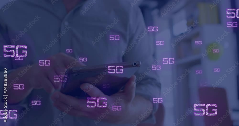 Poster animation of 5g text and data processing over caucasian businessman using tablet