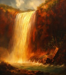 sunset over the river with waterfall view