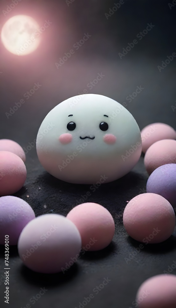 Poster a whimsical round character with large, expressive eyes sits surrounded by soft pastel spheres, crea