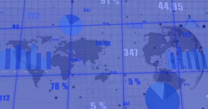 Animation of financial data processing over world map and globe