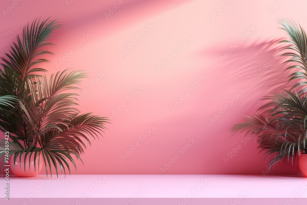 Poster Pink gradient studio background with window shadows and foliage.