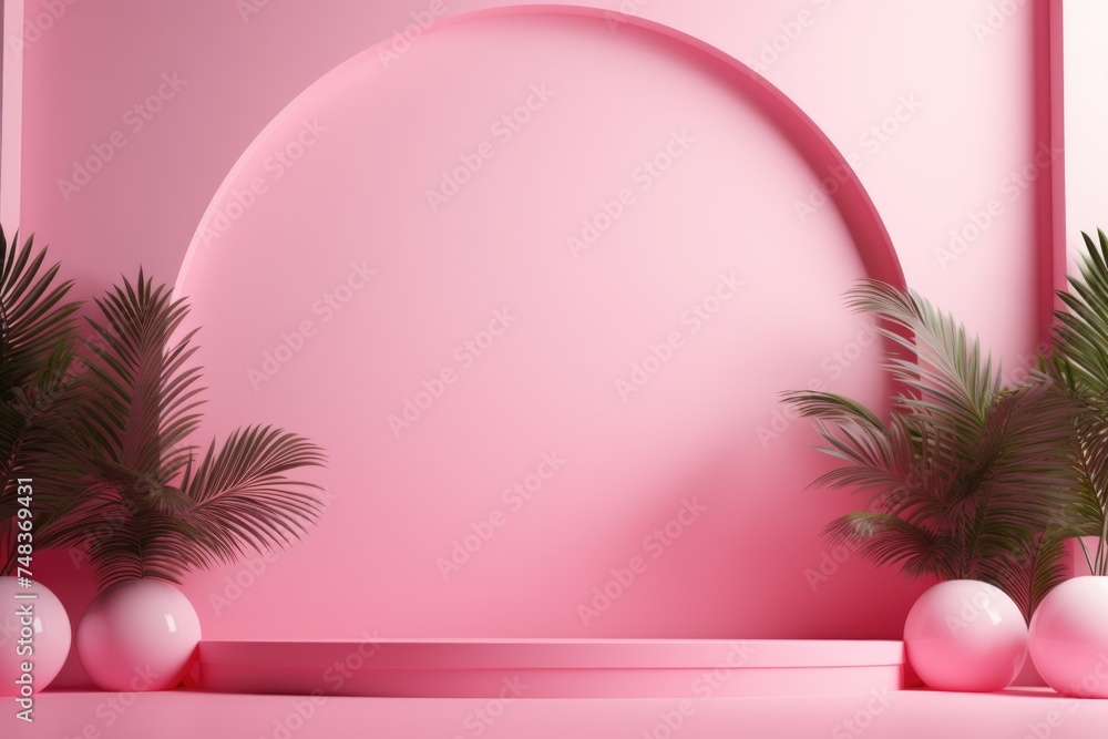 Poster Pink gradient studio background with window shadows and foliage.