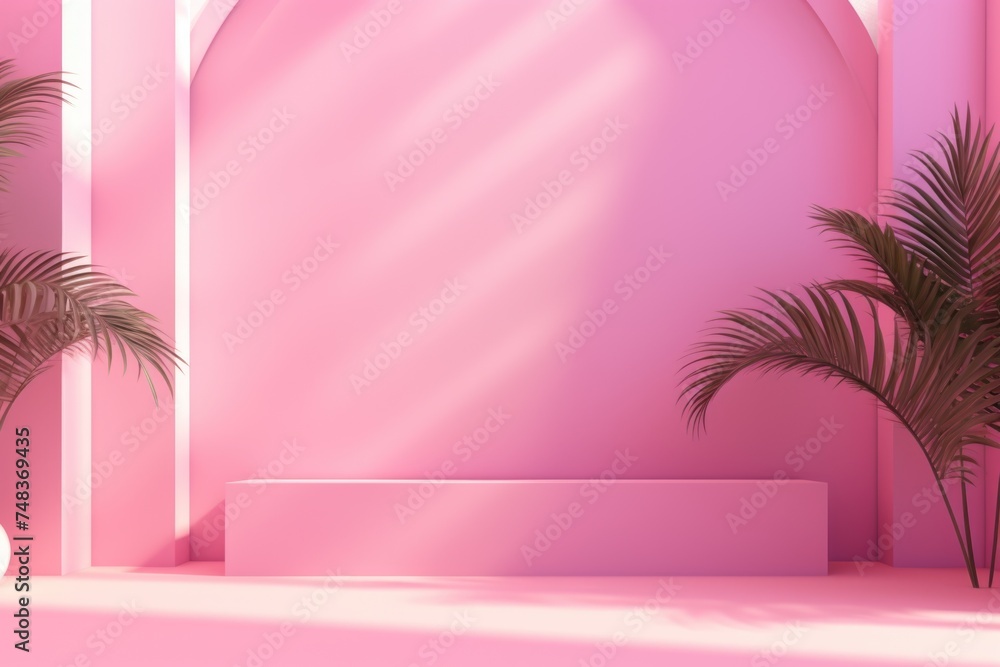 Aufkleber Pink gradient studio background with window shadows and foliage.