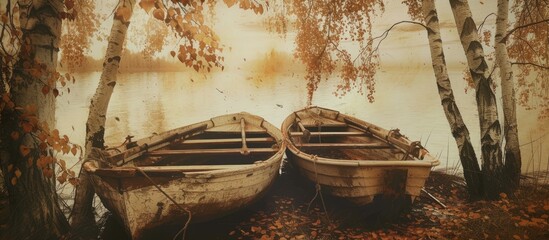Two aged rowing boats are seen resting near the birch tree, creating a vintage scene. The focus of...