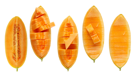 Set cantaloupe, muskmelon, honeydew slices, pieces isolated on white, clipping path, top view
